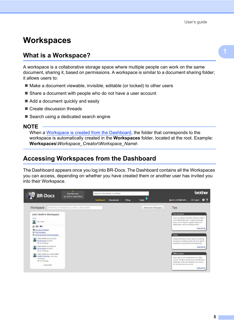 Workspaces, What is a workspace, Accessing workspaces from the dashboard | Brother BR-Docs User Manual | Page 9 / 54