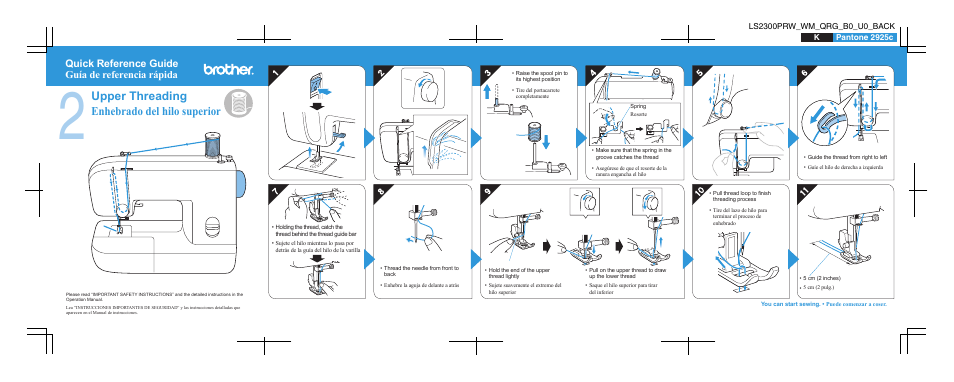 Upper threading enhebrado del hilo superior, Quick reference guide guía de referencia rápida | Brother LS2300PRW User Manual | Page 2 / 2