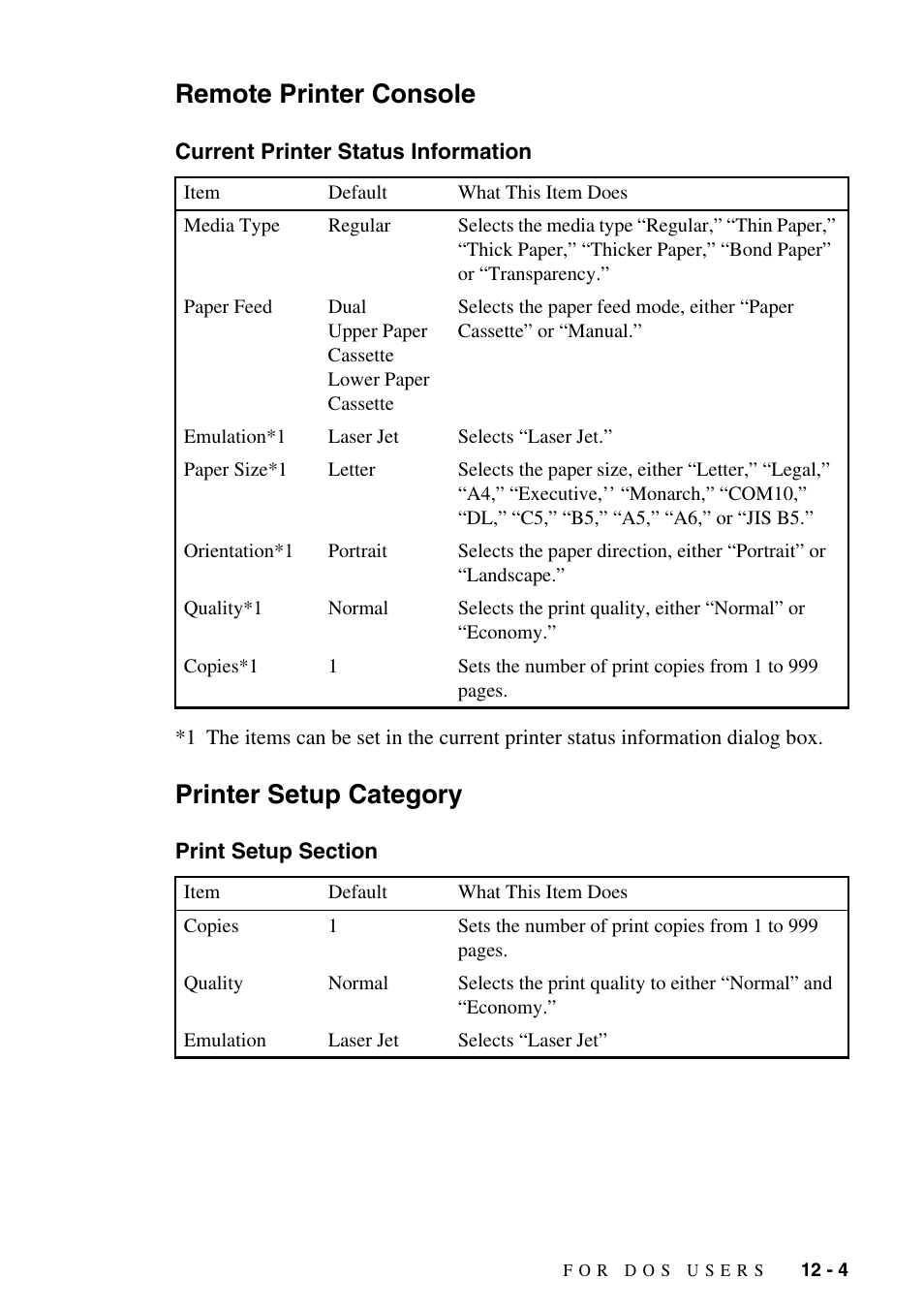 Remote printer console, Current printer status information, Printer setup category | Print setup section, Remote printer console -4, Current printer status information -4, Printer setup category -4, Print setup section -4 | Brother MFC-9800 User Manual | Page 101 / 232