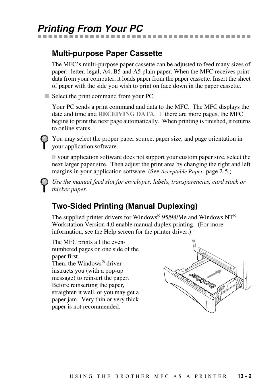 Printing from your pc, Multi-purpose paper cassette, Two-sided printing (manual duplexing) | Printing from your pc -2 | Brother MFC-9800 User Manual | Page 105 / 232