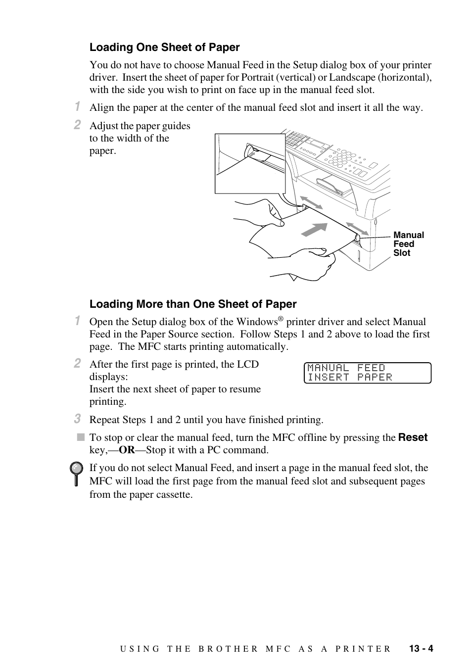 Loading one sheet of paper, Loading more than one sheet of paper | Brother MFC-9800 User Manual | Page 107 / 232