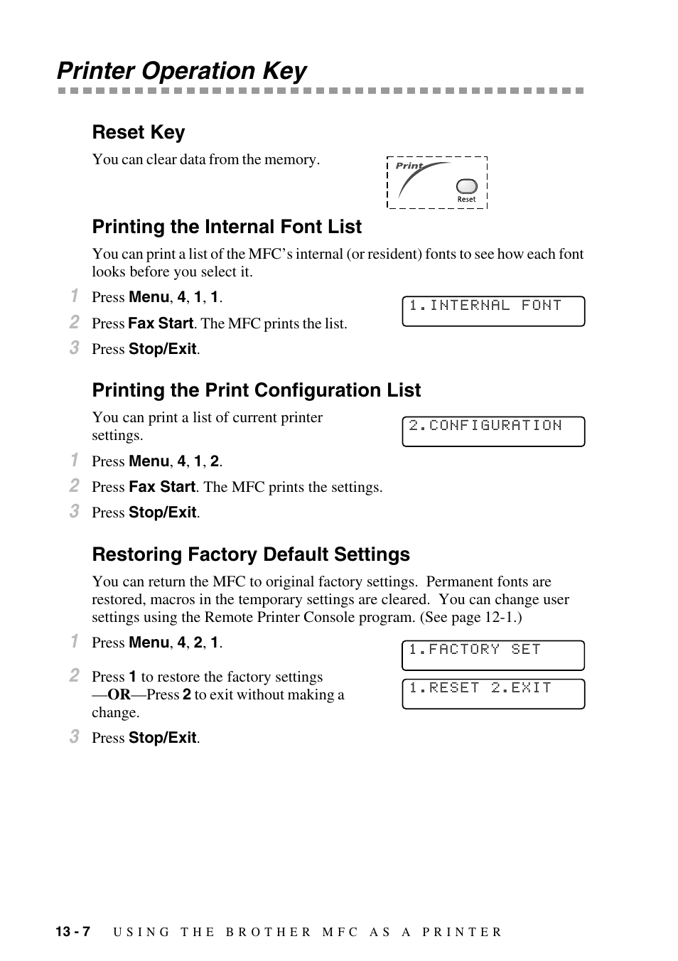 Printer operation key, Reset key, Printing the internal font list | Printing the print configuration list, Restoring factory default settings, Printer operation key -7 | Brother MFC-9800 User Manual | Page 110 / 232