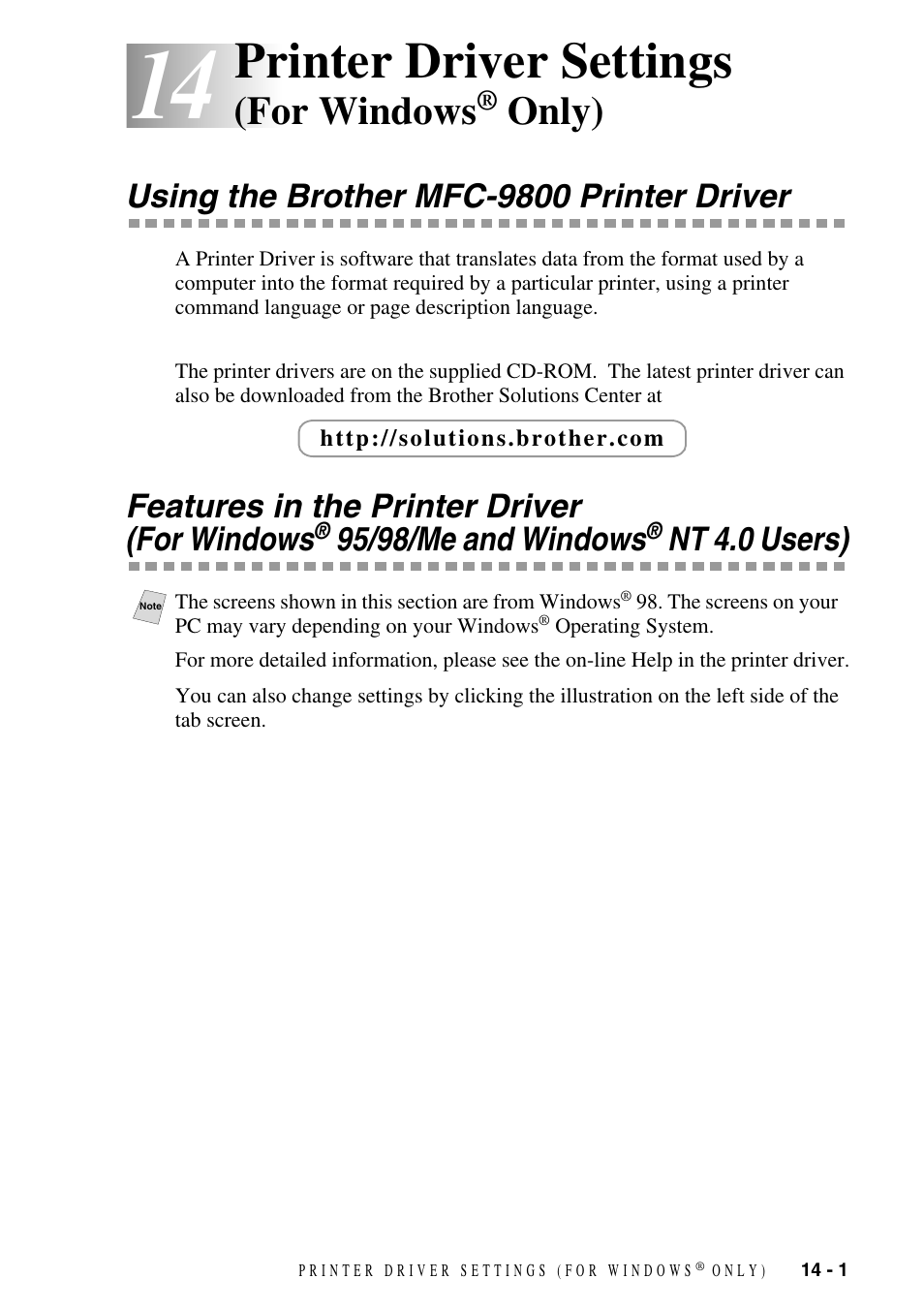 14 printer driver settings (for windows® only), Using the brother mfc-9800 printer driver, Printer driver settings (for windows | Only) -1, For windows, 95/98/me and windows, Nt 4.0 users) -1, Printer driver settings, Only), Features in the printer driver (for windows | Brother MFC-9800 User Manual | Page 111 / 232