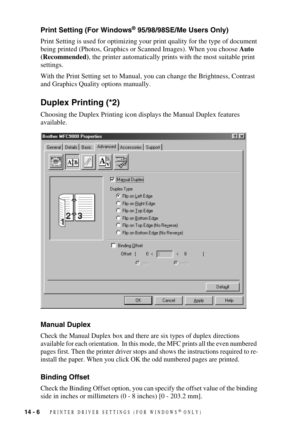 Duplex printing (*2), Manual duplex, Binding offset | Print setting, For windows, 95/98/98se/me users only) -6, Duplex printing (*2) -6, Manual duplex -6 binding offset -6 | Brother MFC-9800 User Manual | Page 116 / 232