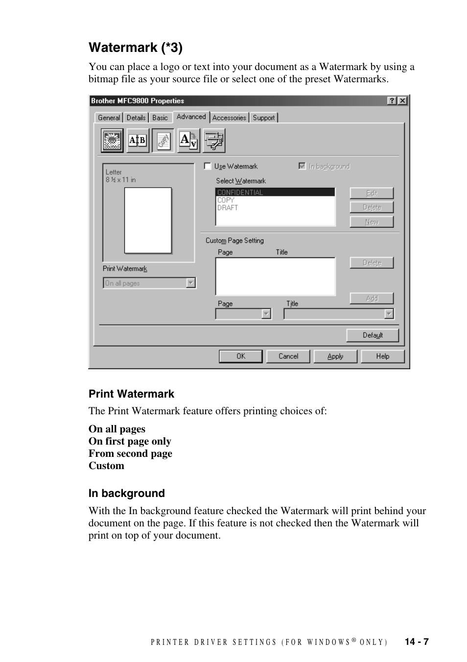 Watermark (*3), Print watermark, In background | Watermark (*3) -7, Print watermark -7 in background -7 | Brother MFC-9800 User Manual | Page 117 / 232