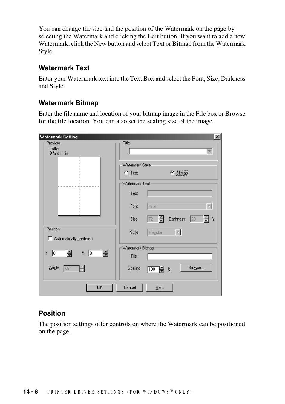 Watermark text, Watermark bitmap, Position | Watermark text -8 watermark bitmap -8 position -8 | Brother MFC-9800 User Manual | Page 118 / 232