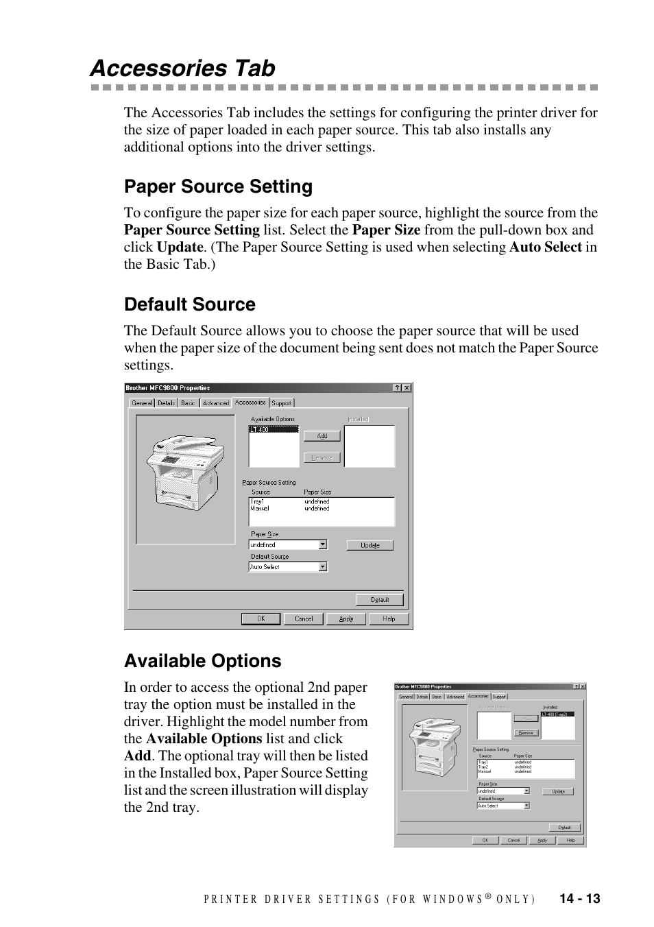 Accessories tab, Paper source setting, Default source | Available options, Accessories tab -13 | Brother MFC-9800 User Manual | Page 123 / 232