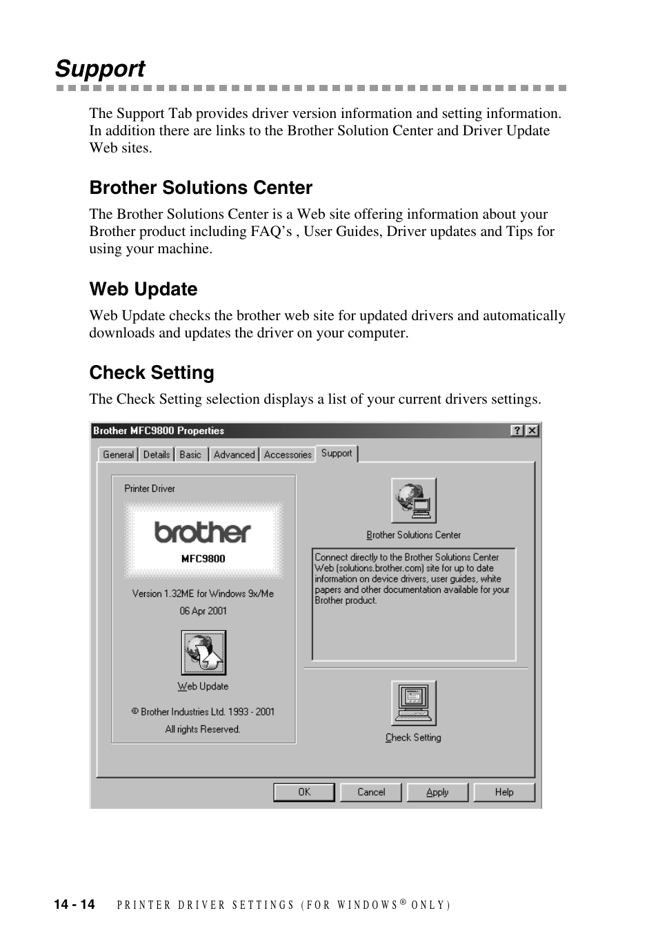 Support, Brother solutions center, Web update | Check setting, Support -14 | Brother MFC-9800 User Manual | Page 124 / 232