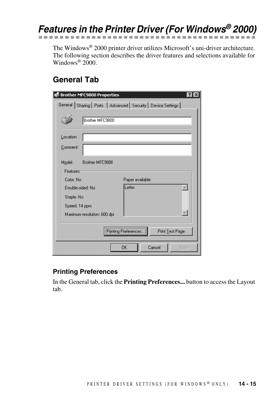 Features in the printer driver (for windows® 2000), General tab, Printing preferences | Features in the printer driver (for windows, General tab -15, Printing preferences -15 | Brother MFC-9800 User Manual | Page 125 / 232