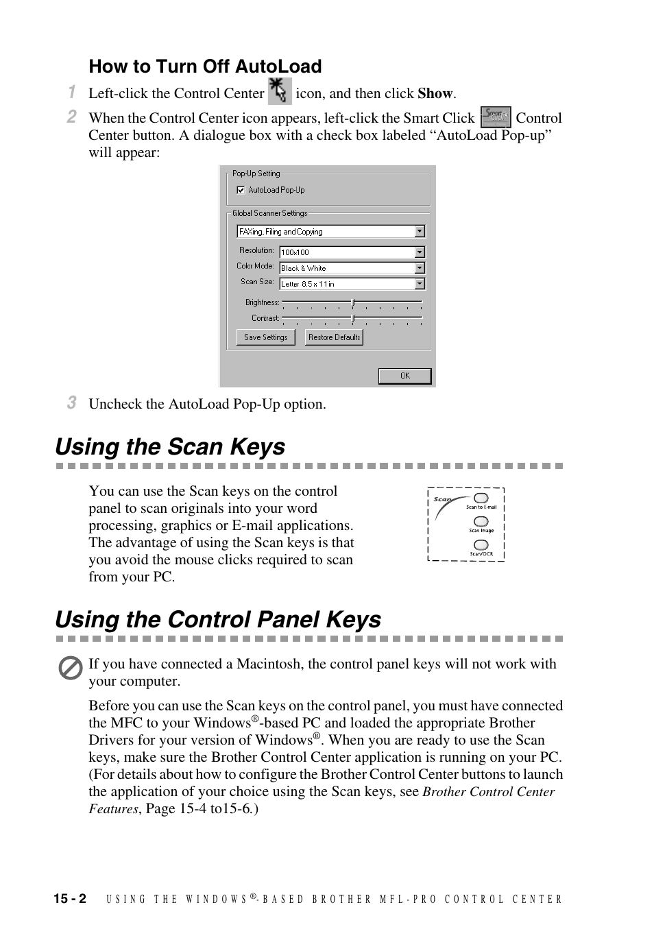 How to turn off autoload, Using the scan keys, Using the control panel keys | How to turn off autoload -2, How to turn off autoload 1 | Brother MFC-9800 User Manual | Page 132 / 232