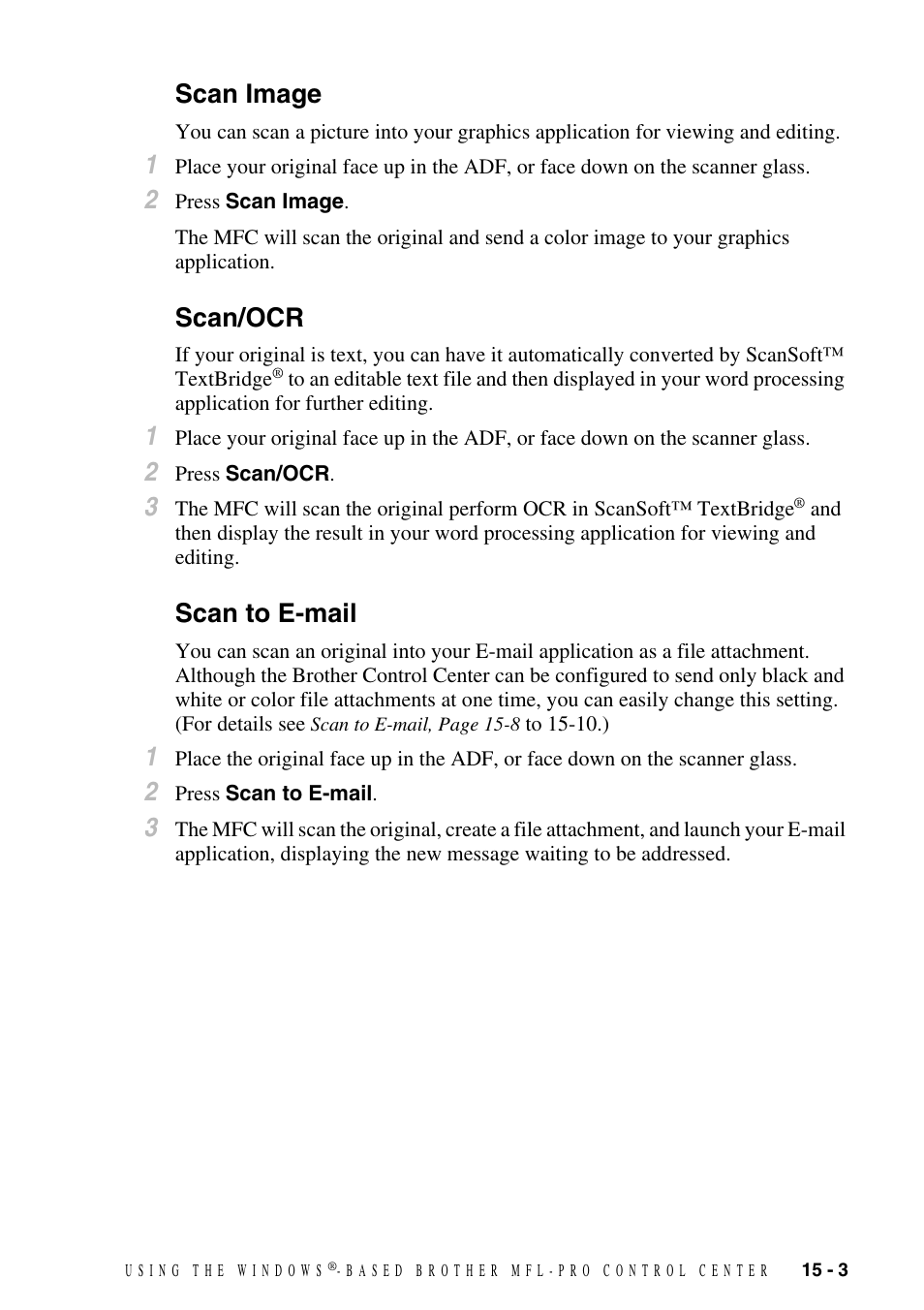 Scan image, Scan/ocr, Scan to e-mail | Scan image -3 scan/ocr -3 scan to e-mail -3 | Brother MFC-9800 User Manual | Page 133 / 232