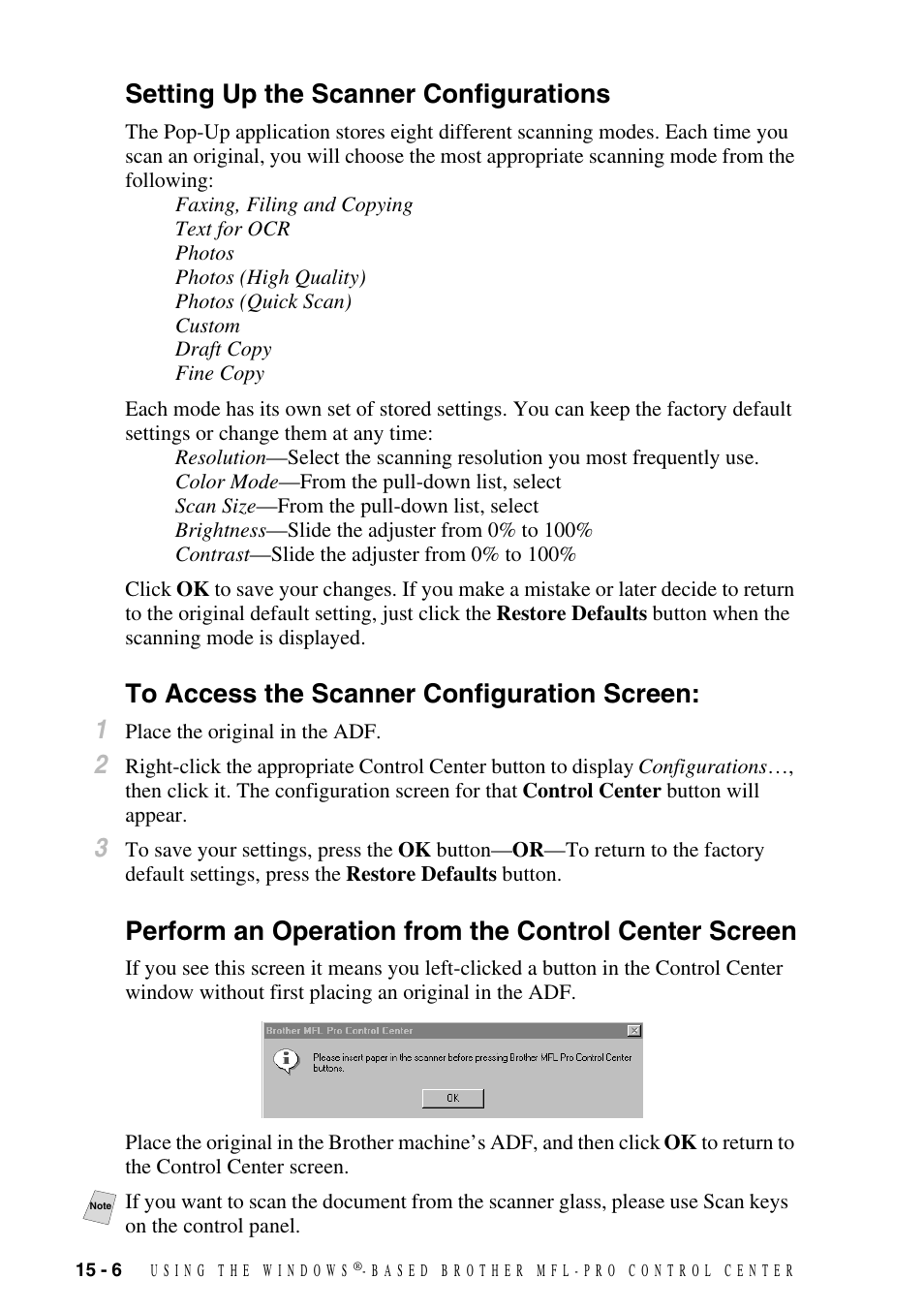 Setting up the scanner configurations, To access the scanner configuration screen | Brother MFC-9800 User Manual | Page 136 / 232