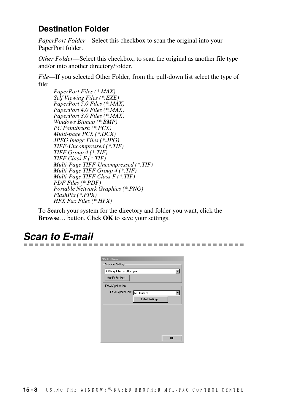Destination folder, Scan to e-mail, Destination folder -8 | Scan to e-mail -8 | Brother MFC-9800 User Manual | Page 138 / 232
