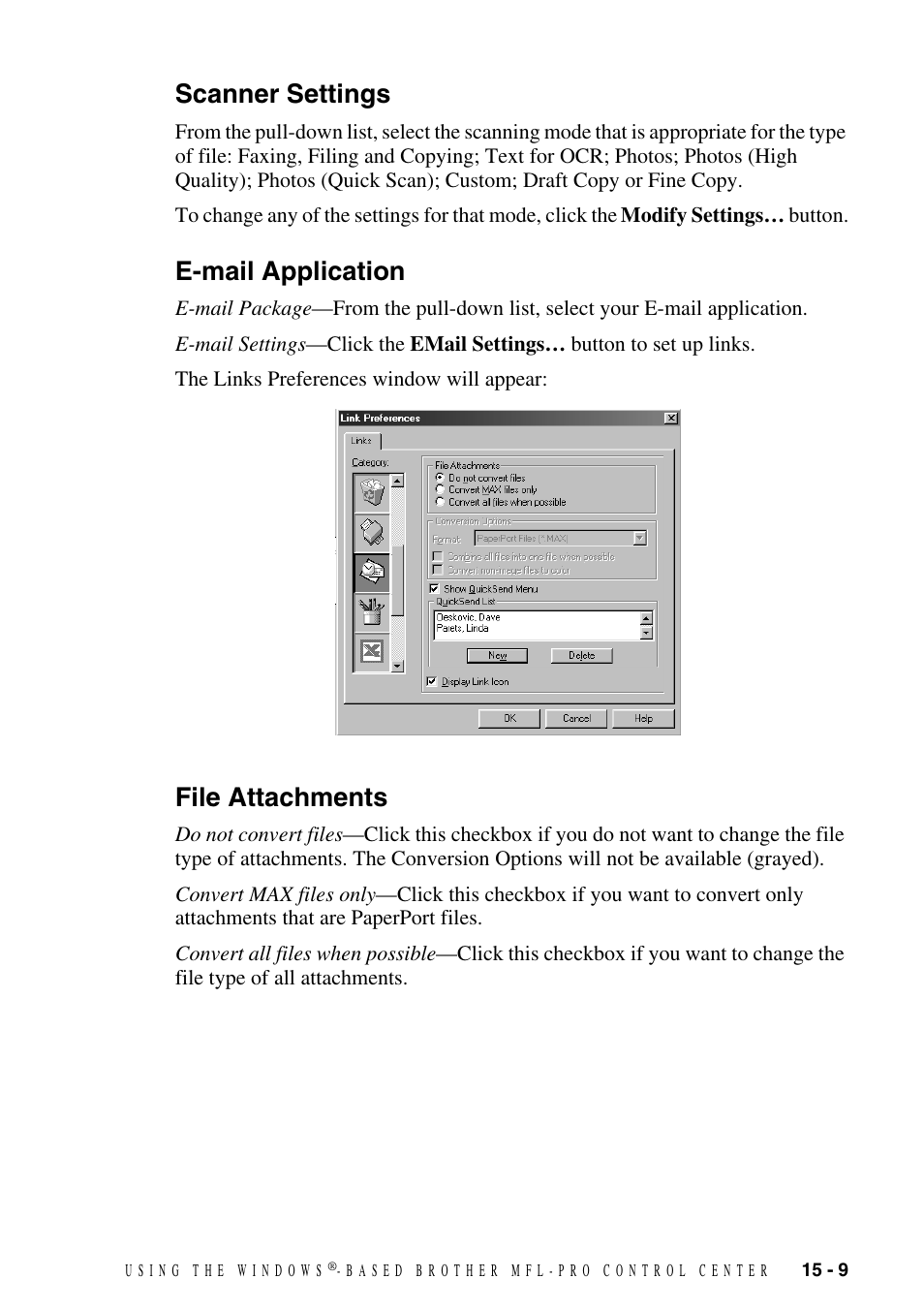 Scanner settings, E-mail application, File attachments | Brother MFC-9800 User Manual | Page 139 / 232