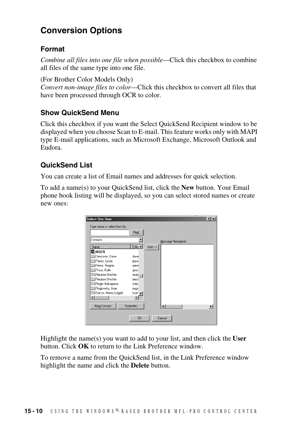 Conversion options, Format, Show quicksend menu | Quicksend list, Conversion options -10 | Brother MFC-9800 User Manual | Page 140 / 232