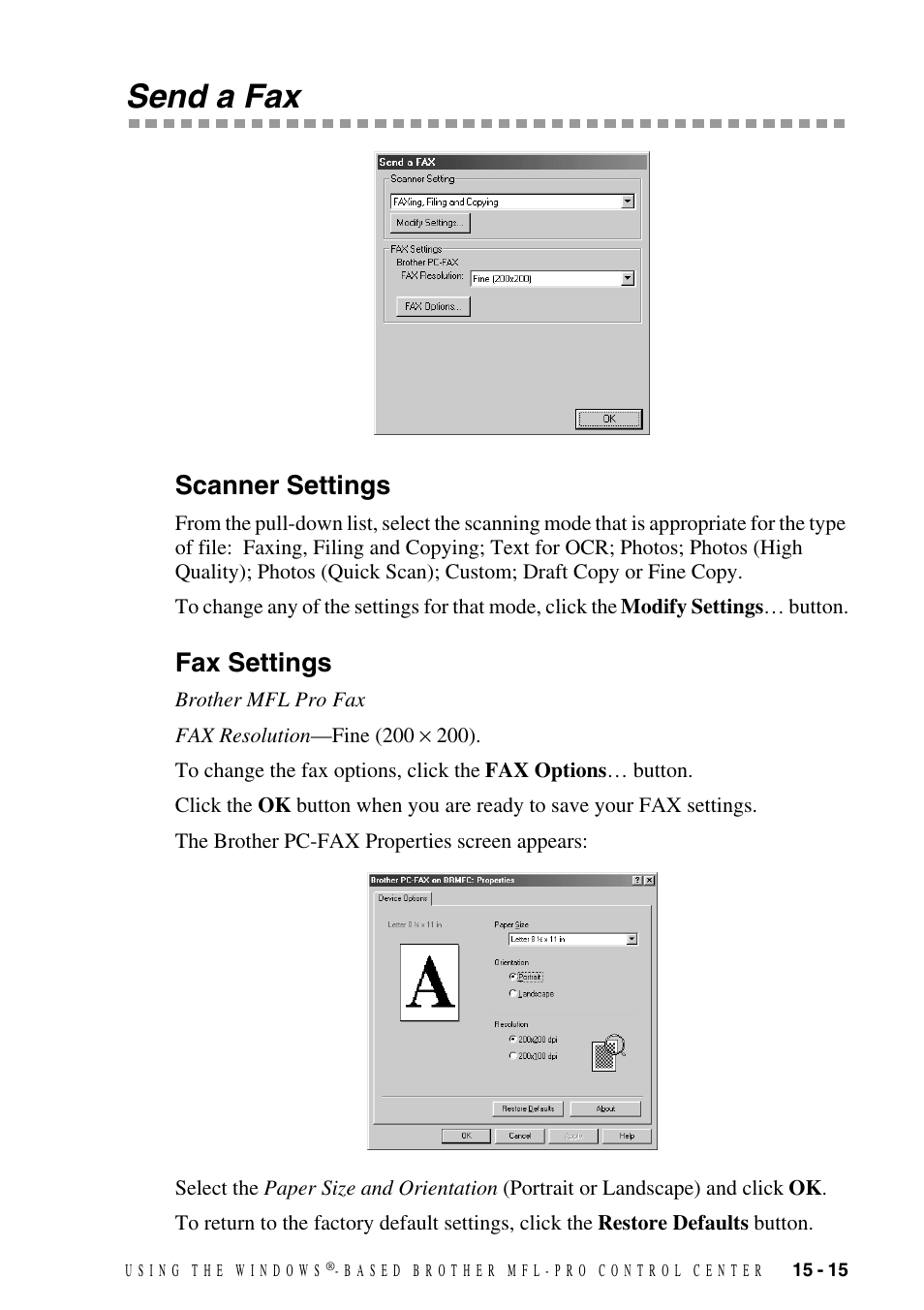 Send a fax, Scanner settings, Fax settings | Send a fax -15, Scanner settings -15 fax settings -15 | Brother MFC-9800 User Manual | Page 145 / 232