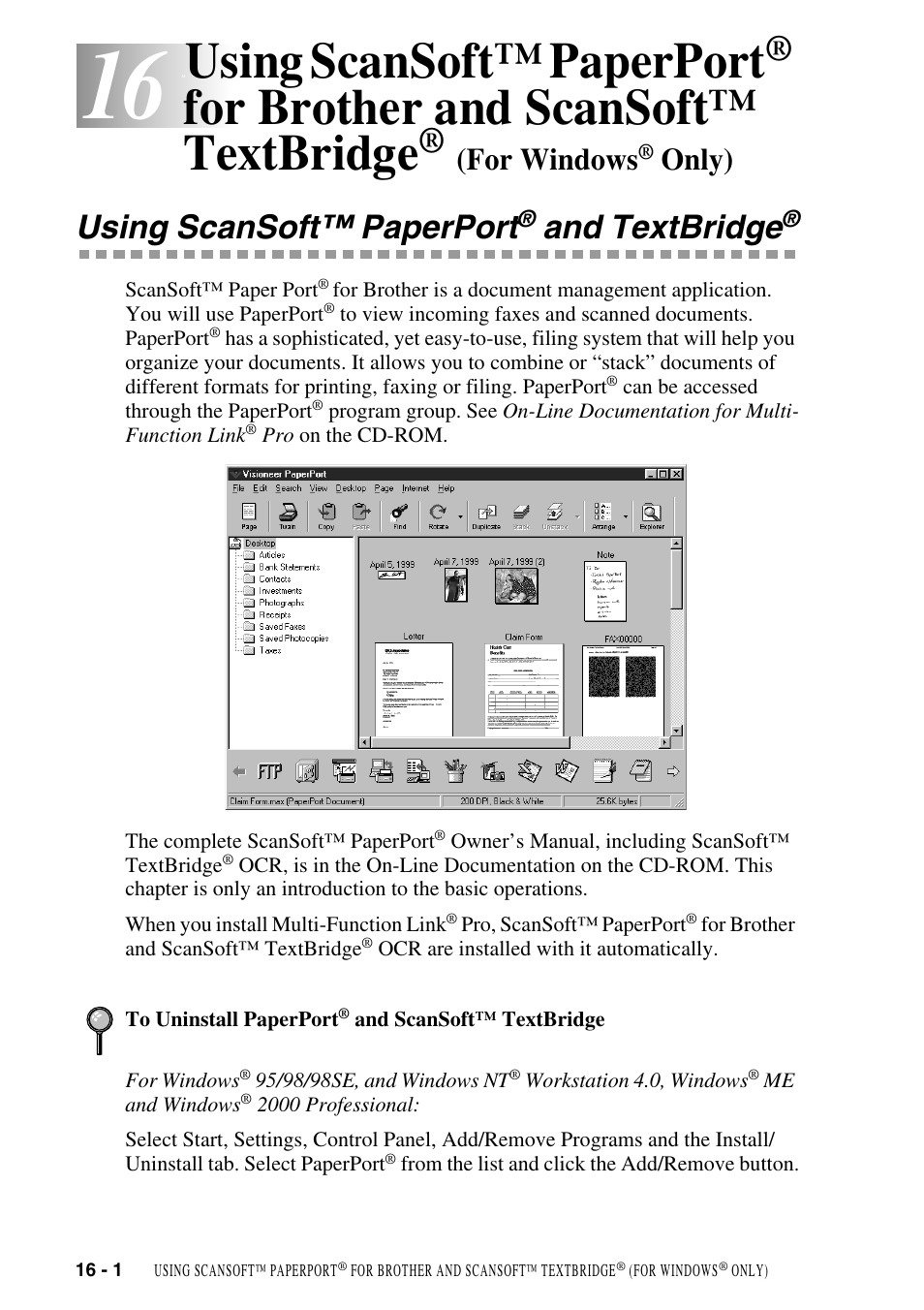 Using scansoft™ paperport® and textbridge, Using scansoft™ paperport, For brother and scansoft | Textbridge, For windows, Only) -1, And textbridge, For brother and scansoft™ textbridge, Only) | Brother MFC-9800 User Manual | Page 146 / 232