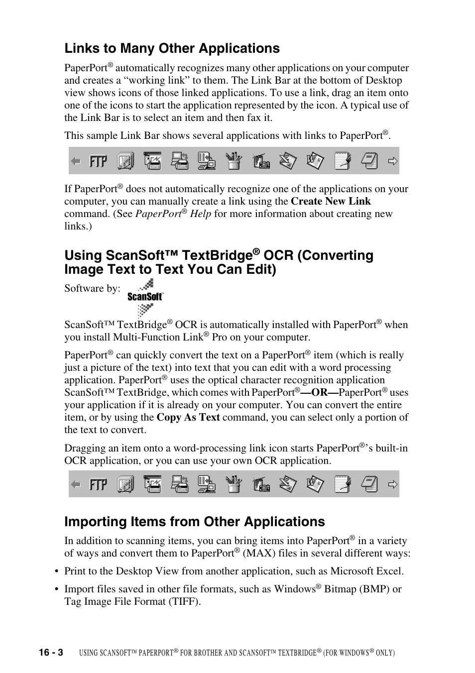 Links to many other applications, Importing items from other applications, Converting image text to text you can edit) -3 | Importing items from other applications -3, Using scansoft™ textbridge, Ocr (converting image text to text you can edit) | Brother MFC-9800 User Manual | Page 148 / 232