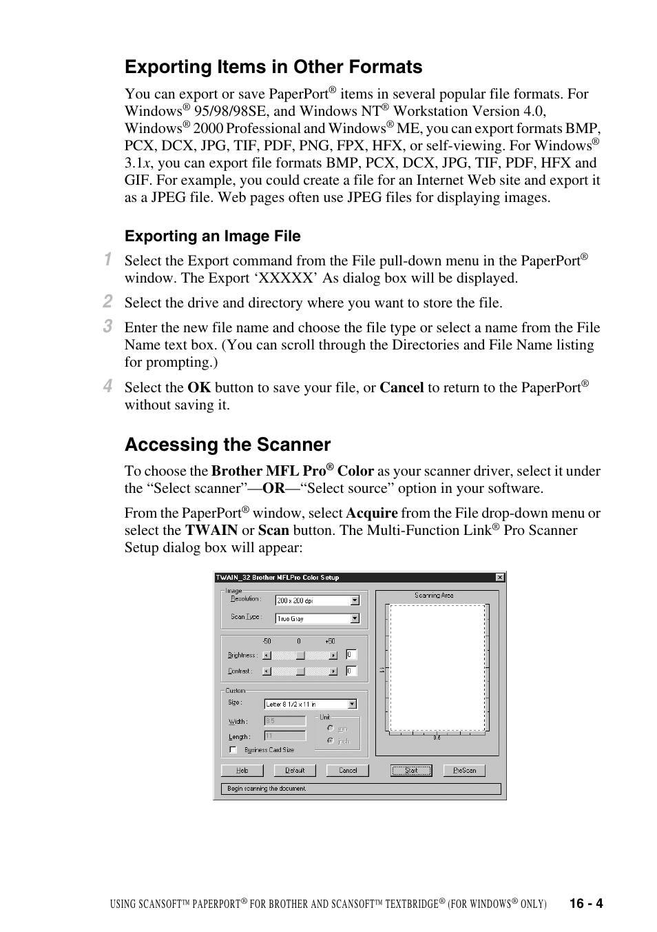 Exporting items in other formats, Exporting an image file, Accessing the scanner | Exporting items in other formats -4, Exporting an image file -4, Accessing the scanner -4 | Brother MFC-9800 User Manual | Page 149 / 232