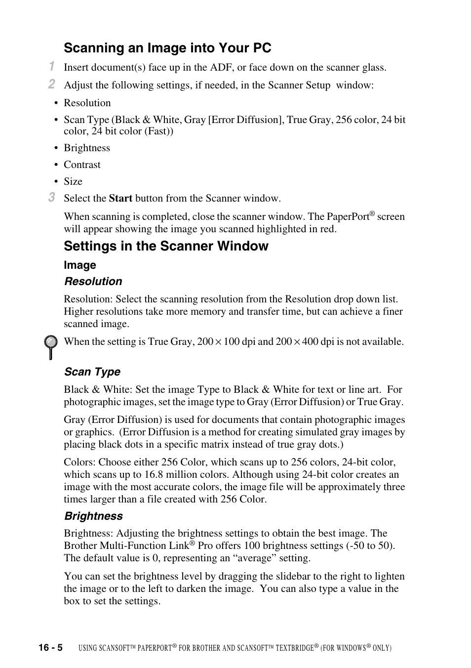 Scanning an image into your pc, Settings in the scanner window, Image | Resolution, Scan type, Brightness, Image -5, Scanning an image into your pc 1 | Brother MFC-9800 User Manual | Page 150 / 232