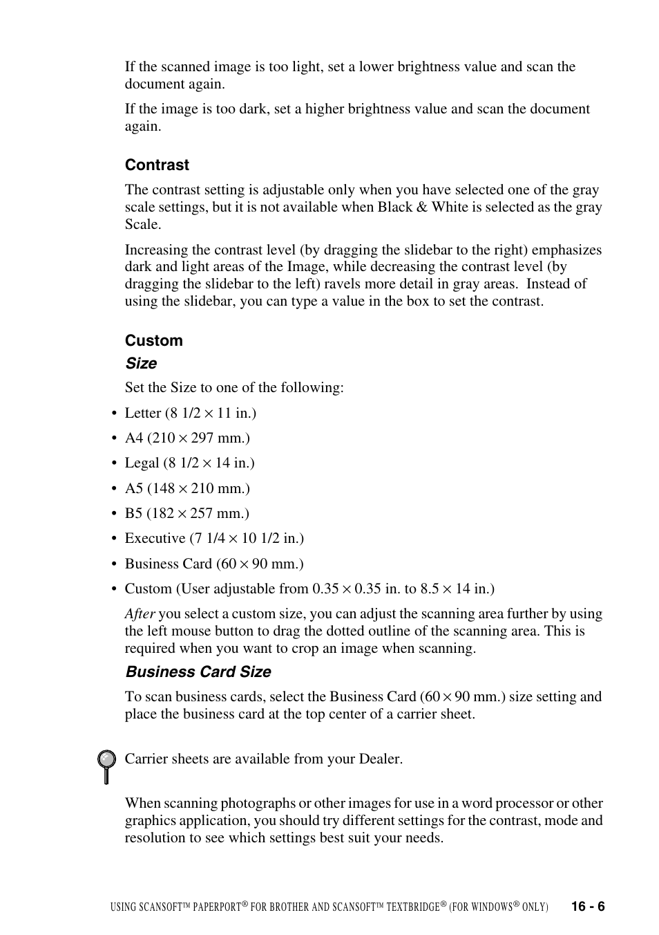 Contrast, Custom, Size | Business card size, Contrast -6 custom -6 | Brother MFC-9800 User Manual | Page 151 / 232