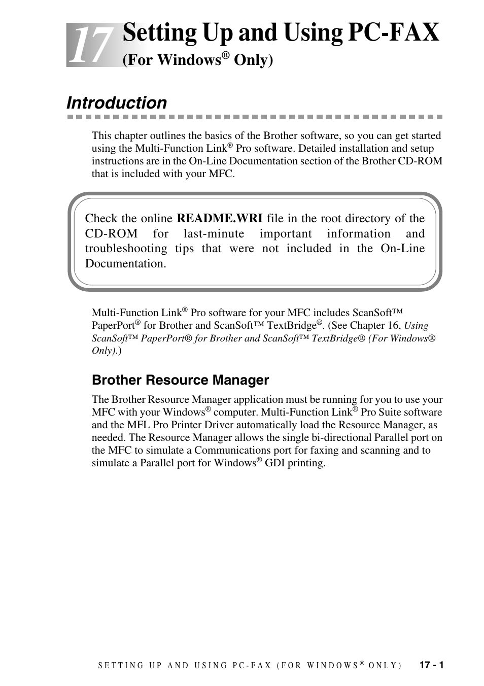 17 setting up and using pc-fax (for windows® only), Introduction, Brother resource manager | Setting up and using pc-fax (for windows, Only) -1, Introduction -1, Brother resource manager -1, Setting up and using pc-fax, For windows, Only) | Brother MFC-9800 User Manual | Page 153 / 232
