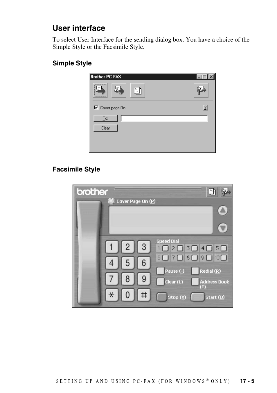 User interface, Simple style, Facsimile style | User interface -5, Simple style -5 facsimile style -5 | Brother MFC-9800 User Manual | Page 157 / 232