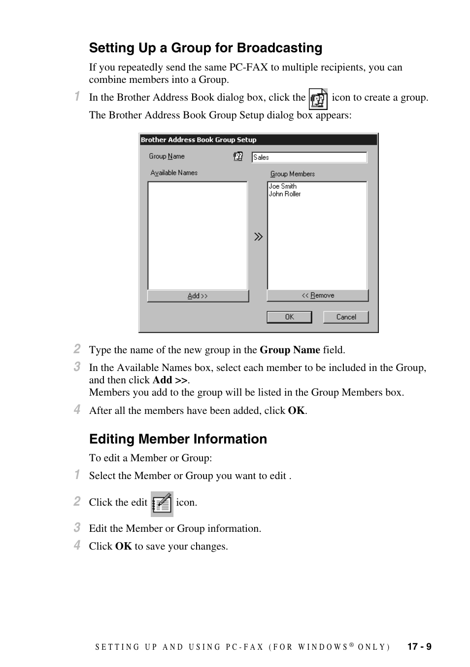 Setting up a group for broadcasting, Editing member information | Brother MFC-9800 User Manual | Page 161 / 232