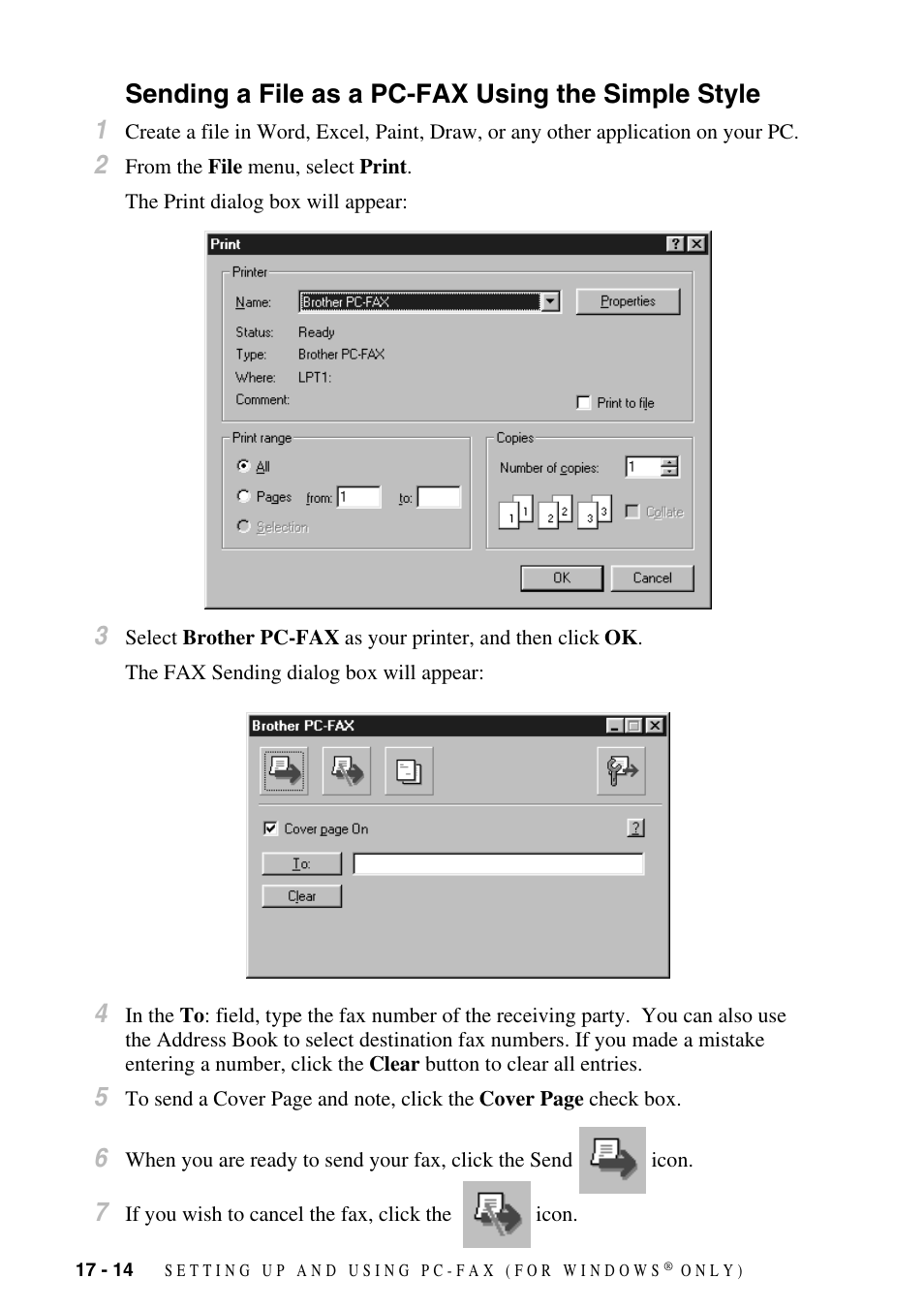 Sending a file as a pc-fax using the simple style | Brother MFC-9800 User Manual | Page 166 / 232