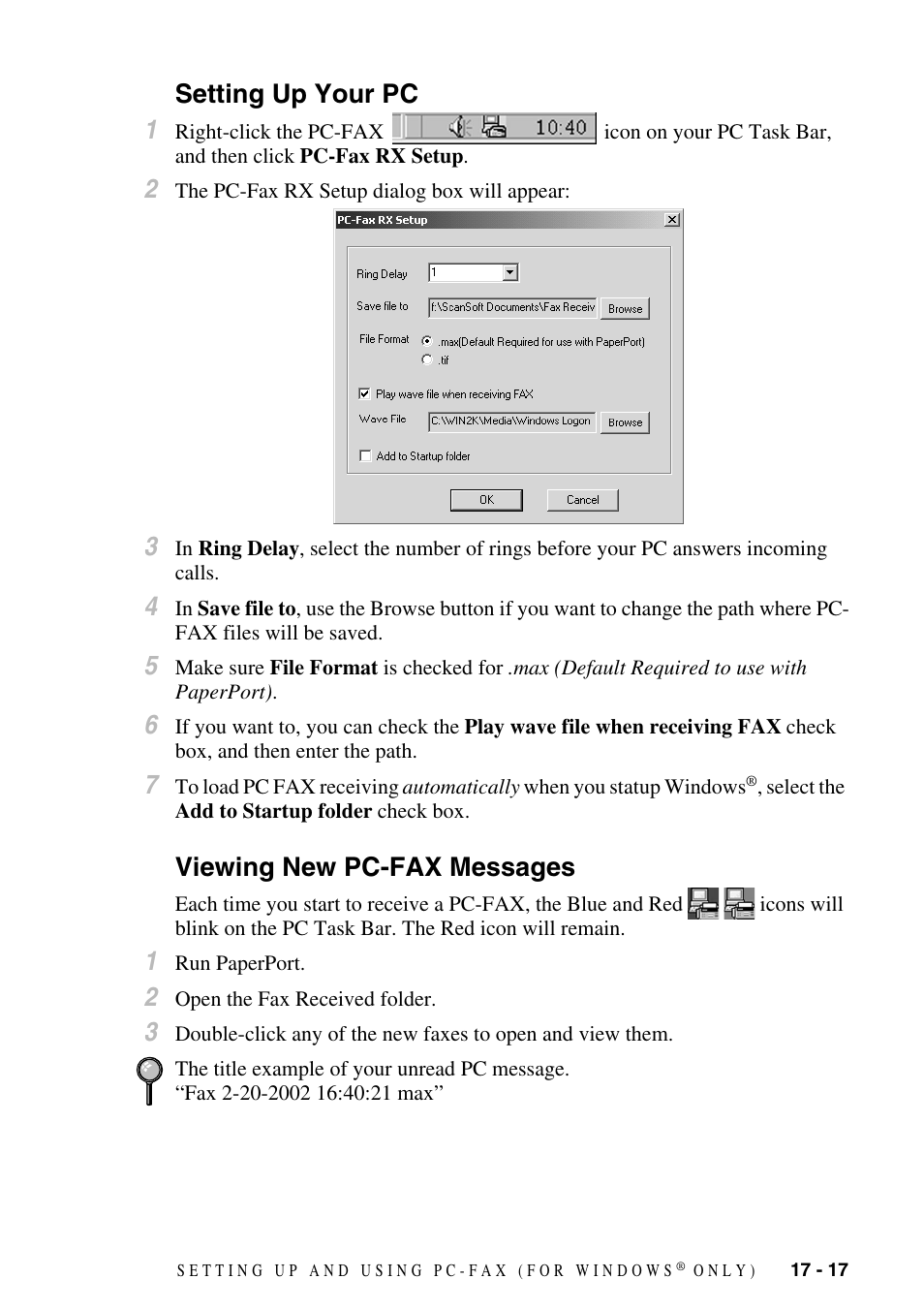 Setting up your pc, Viewing new pc-fax messages, Setting up your pc 1 | Brother MFC-9800 User Manual | Page 169 / 232