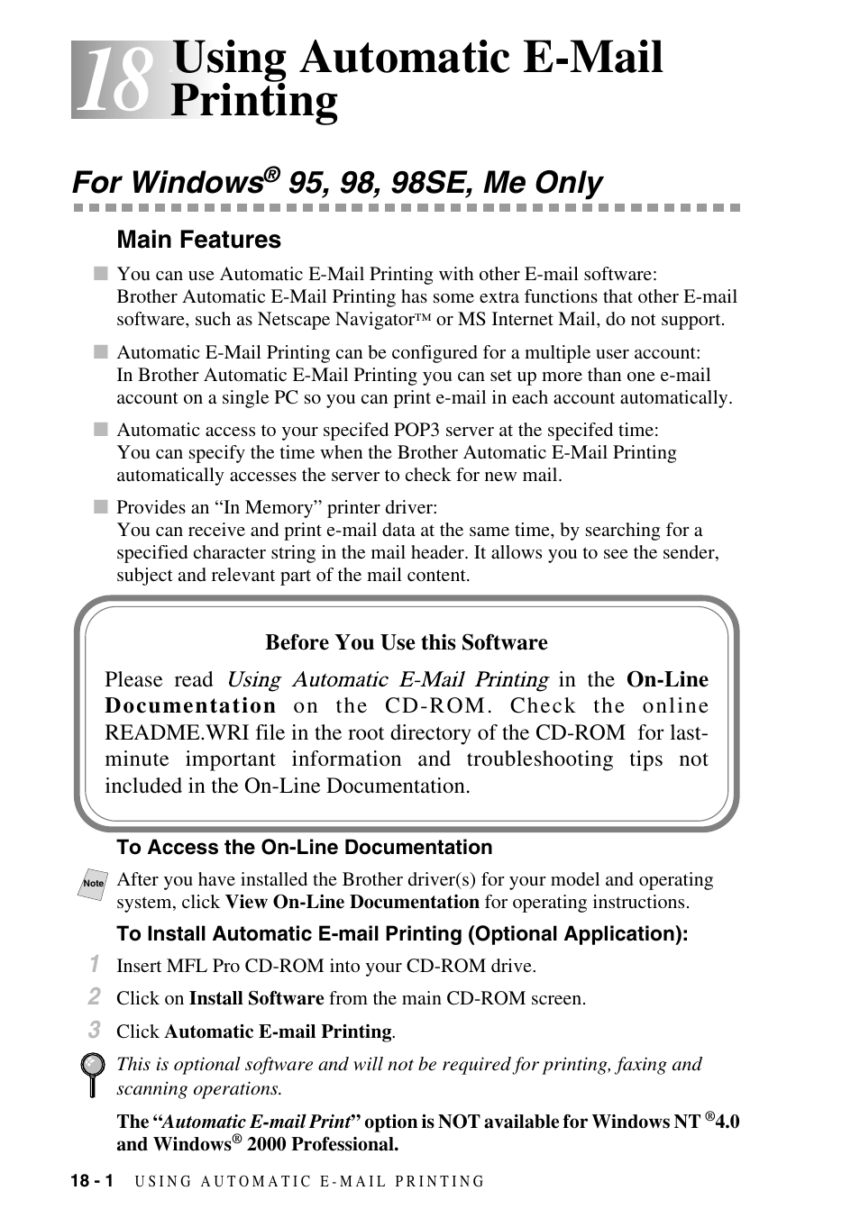 18 using automatic e-mail printing, For windows® 95, 98, 98se, me only, Main features | To access the on-line documentation, Using automatic e-mail printing -1, For windows, 95, 98, 98se, me only -1, Main features -1, Optional application): -1, Using automatic e-mail printing | Brother MFC-9800 User Manual | Page 170 / 232