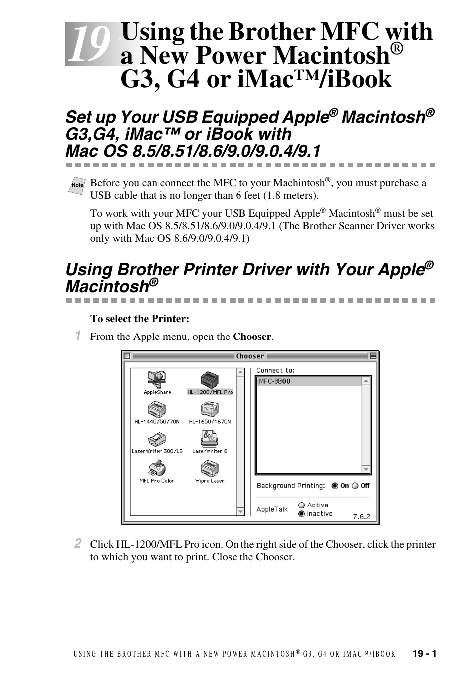 Using the brother mfc with a new power macintosh, G3, g4 or imac™/ibook -1, Set up your usb equipped apple | Macintosh, G3,g4, Using brother printer driver with your apple, G3, g4 or imac™/ibook | Brother MFC-9800 User Manual | Page 171 / 232