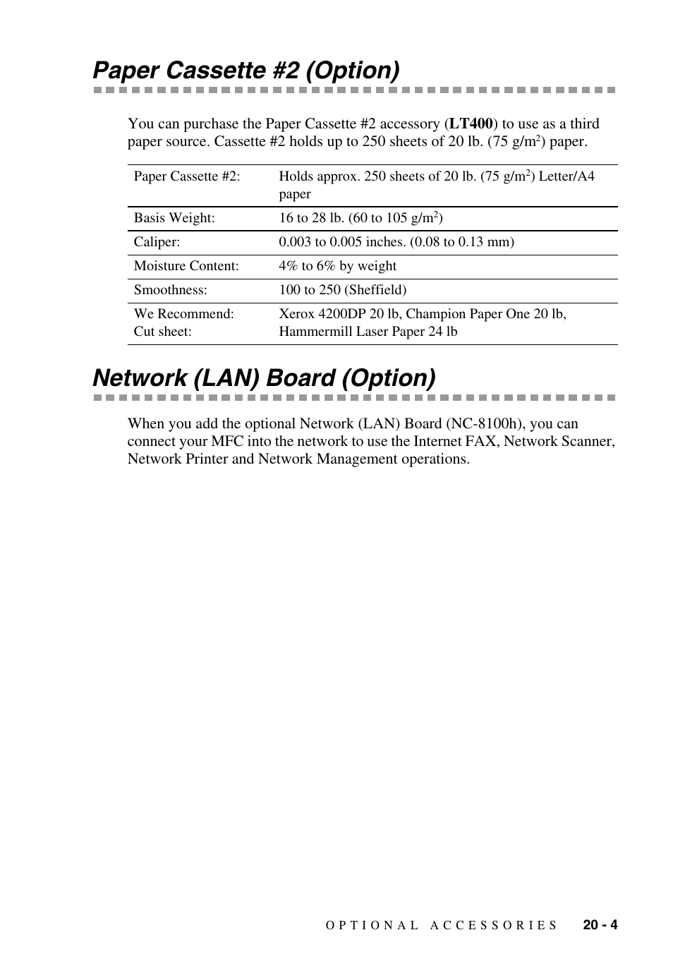 Paper cassette #2 (option), Network (lan) board (option) | Brother MFC-9800 User Manual | Page 185 / 232