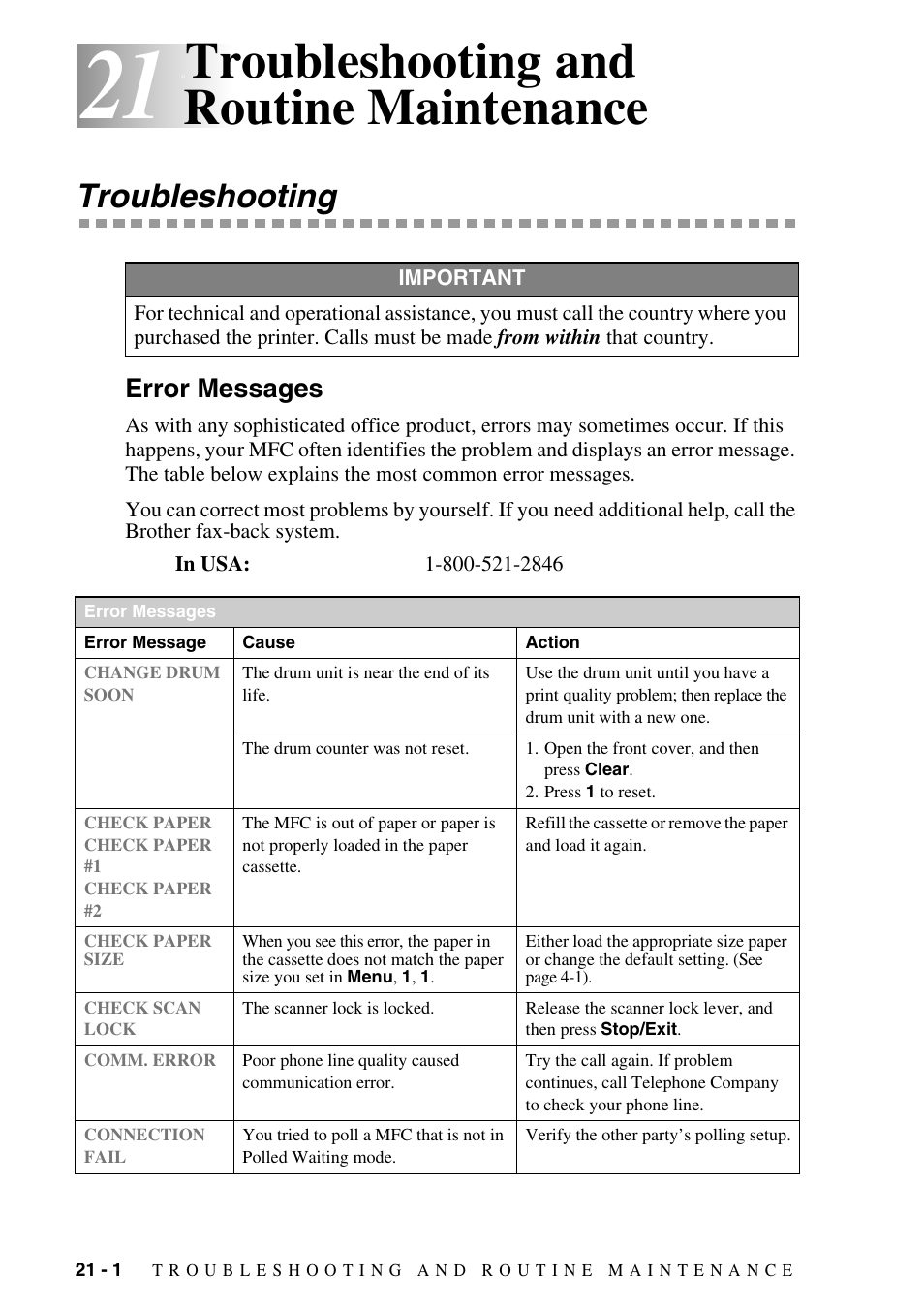 21 troubleshooting and routine maintenance, Troubleshooting, Error messages | Troubleshooting and routine maintenance -1, Troubleshooting -1, Error messages -1, Troubleshooting and routine maintenance | Brother MFC-9800 User Manual | Page 186 / 232