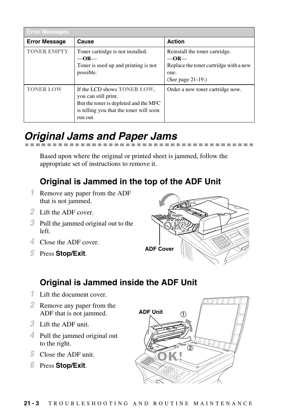 Original jams and paper jams, Original is jammed in the top of the adf unit, Original is jammed inside the adf unit | Original jams and paper jams -3, Original is jammed in the top of the adf unit 1, Original is jammed inside the adf unit 1 | Brother MFC-9800 User Manual | Page 188 / 232