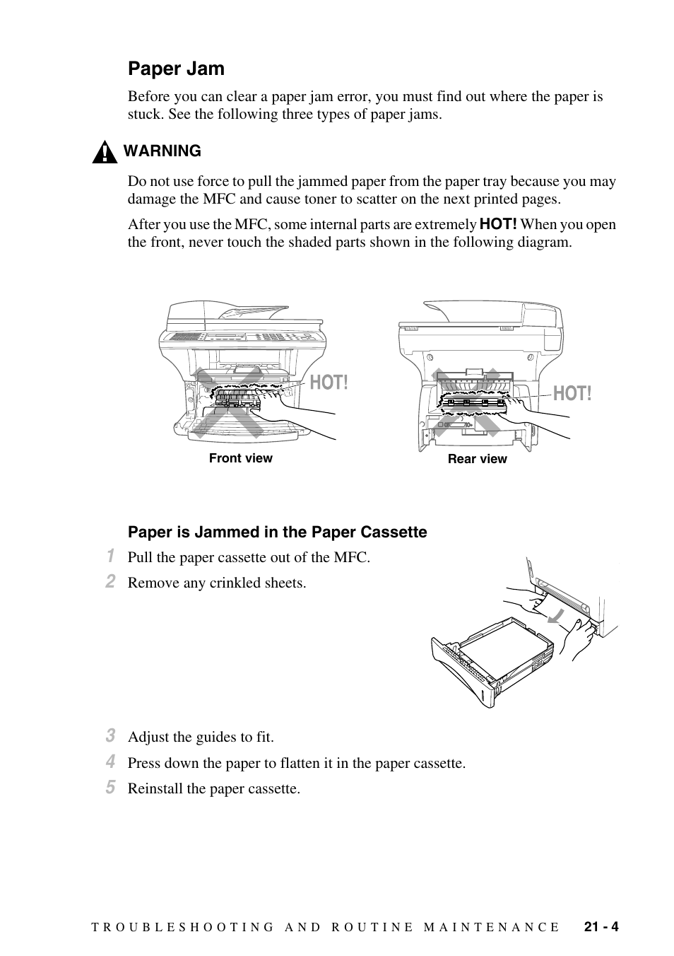 Paper jam, Paper is jammed in the paper cassette, Paper jam -4 | Paper is jammed in the paper cassette -4, Print quality might not be satisfactory. (see, Paper is jammed in the paper, Cassette | Brother MFC-9800 User Manual | Page 189 / 232