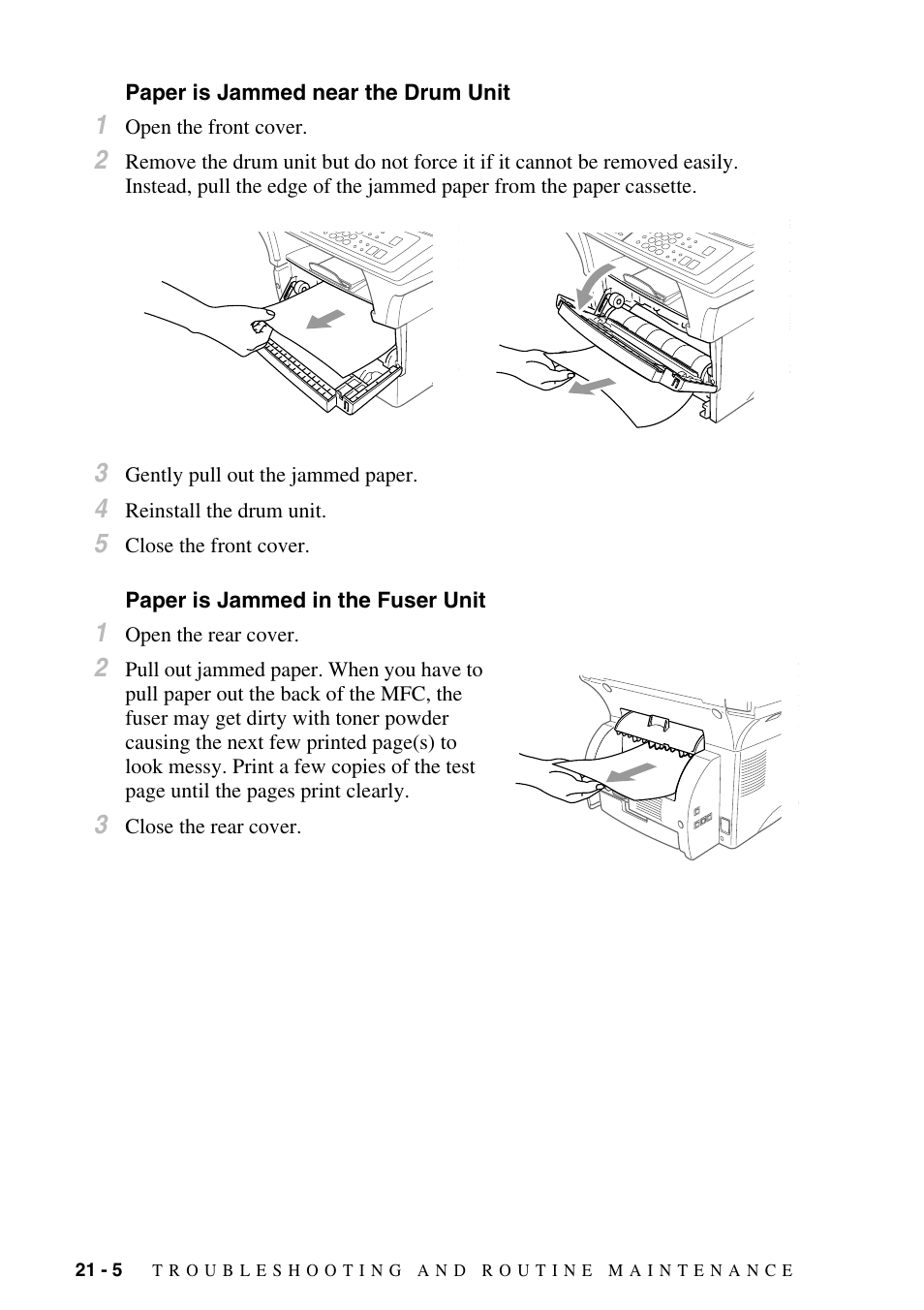 Paper is jammed near the drum unit, Paper is jammed in the fuser unit | Brother MFC-9800 User Manual | Page 190 / 232