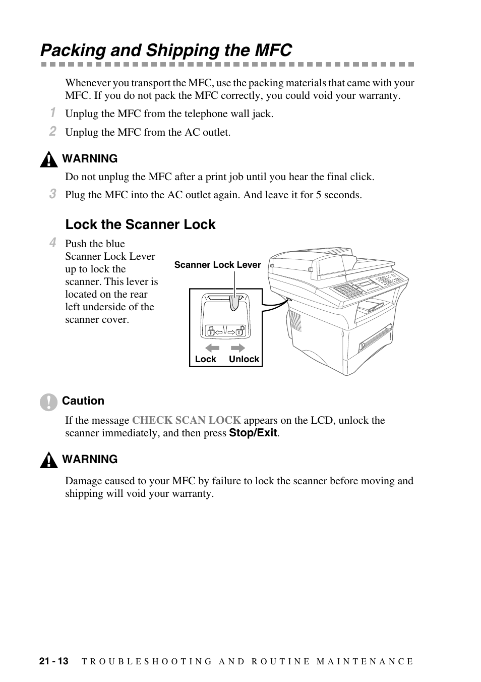 Packing and shipping the mfc, Lock the scanner lock, Packing and shipping the mfc -13 | Lock the scanner lock -13, Lock the scanner lock 4 | Brother MFC-9800 User Manual | Page 198 / 232