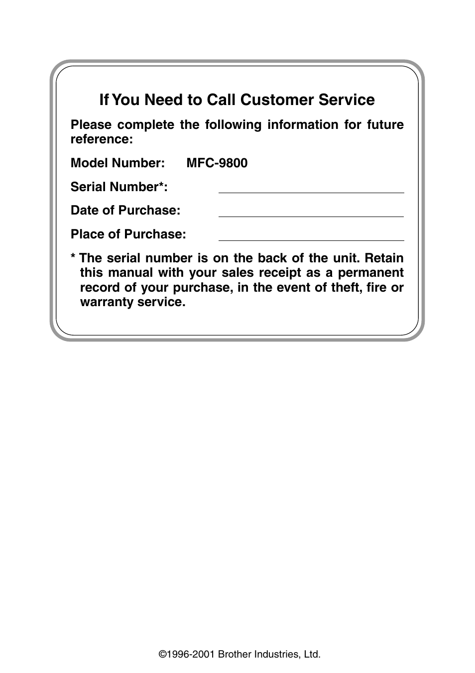 If you need to call customer service | Brother MFC-9800 User Manual | Page 2 / 232