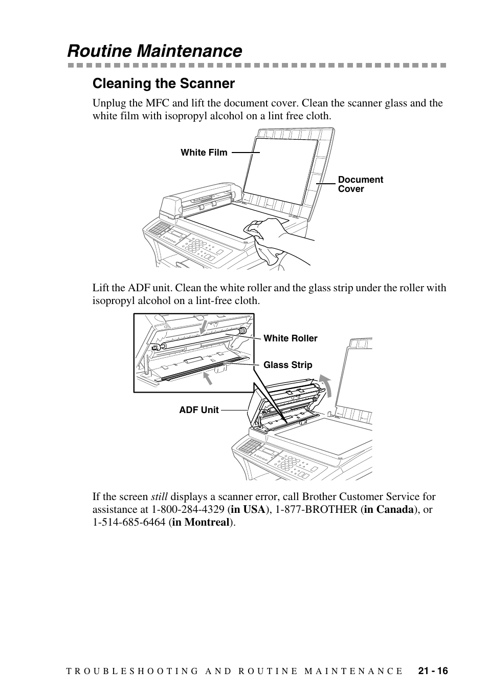 Routine maintenance, Cleaning the scanner, Routine maintenance -16 | Cleaning the scanner -16, Soft cloth. (see routine maintenance and, Unit. (see routine maintenance, S interior. (see routine maintenance and, Terminals referring to routine maintenance and | Brother MFC-9800 User Manual | Page 201 / 232