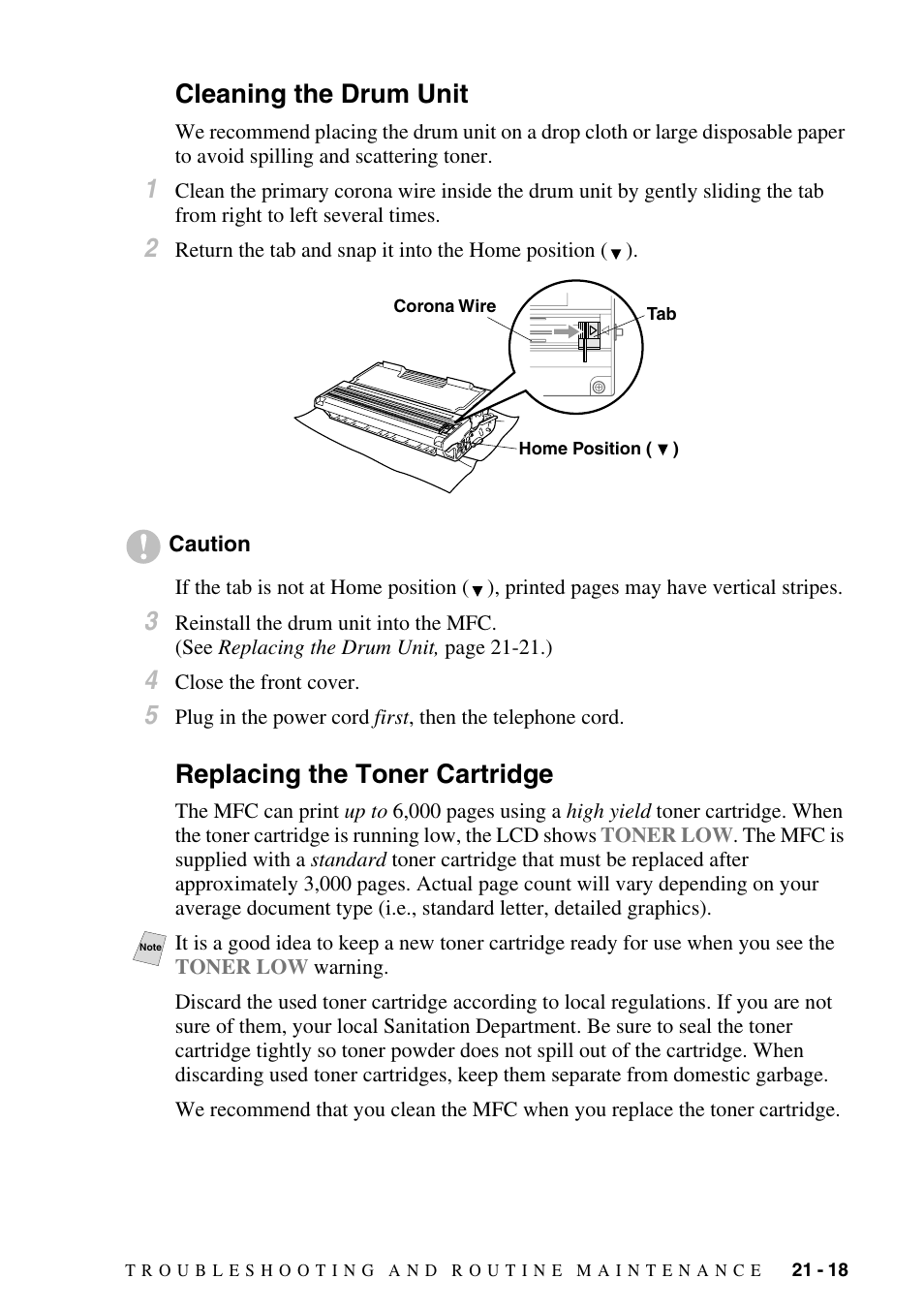 Cleaning the drum unit, Replacing the toner cartridge | Brother MFC-9800 User Manual | Page 203 / 232