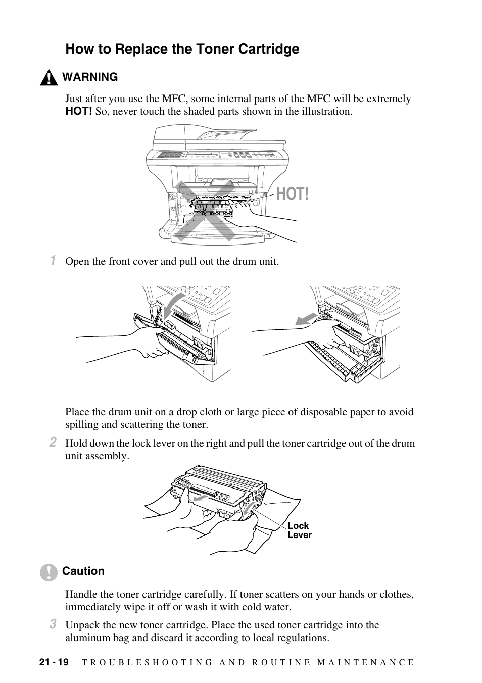 How to replace the toner cartridge, How to replace the toner cartridge -19 | Brother MFC-9800 User Manual | Page 204 / 232