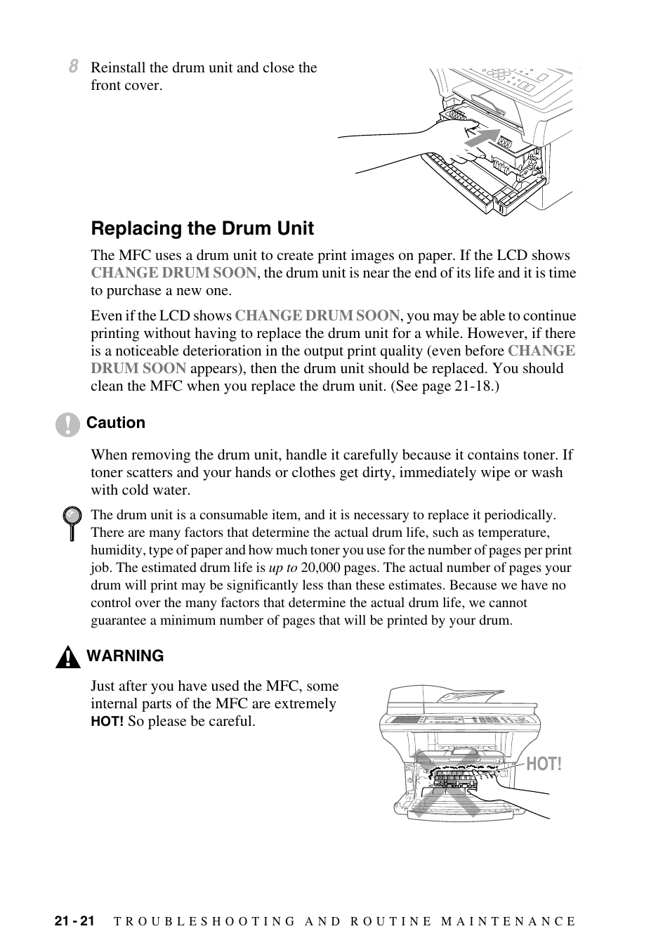 Replacing the drum unit, Replacing the drum unit -21 | Brother MFC-9800 User Manual | Page 206 / 232
