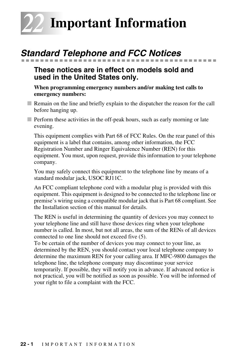 22 important information, Standard telephone and fcc notices, Important information -1 | Standard telephone and fcc notices -1, Important information | Brother MFC-9800 User Manual | Page 208 / 232