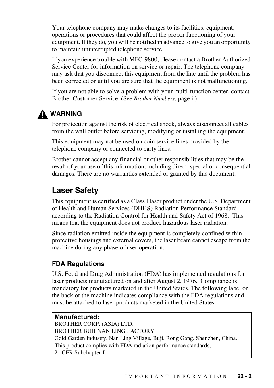 Laser safety, Fda regulations, Laser safety -2 | Fda regulations -2 | Brother MFC-9800 User Manual | Page 209 / 232