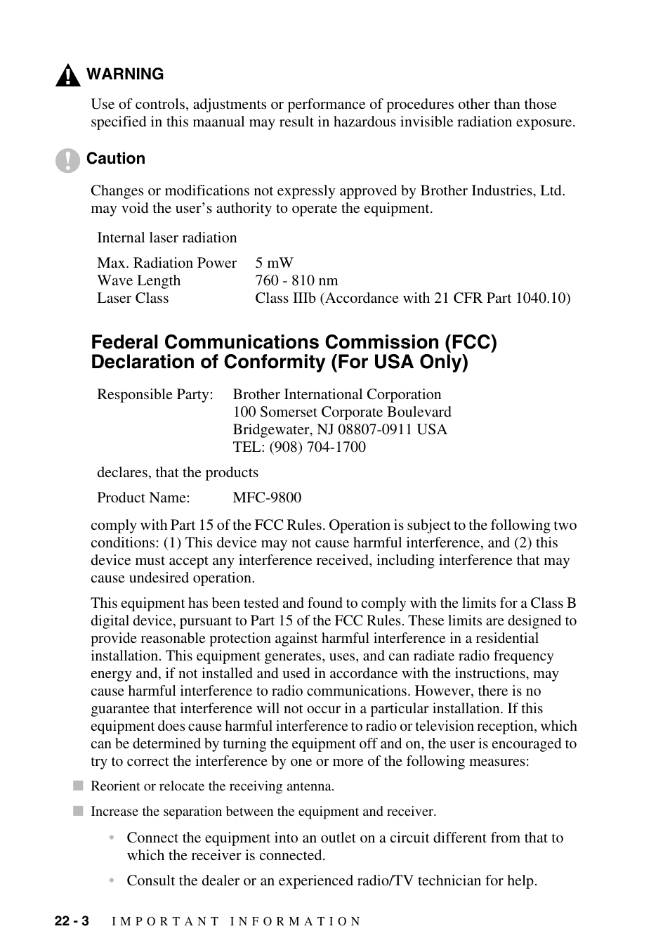 Federal communications commission (fcc), Declaration of conformity (for usa only) -3 | Brother MFC-9800 User Manual | Page 210 / 232