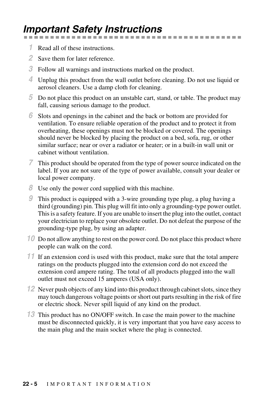 Important safety instructions, Important safety instructions -5 | Brother MFC-9800 User Manual | Page 212 / 232