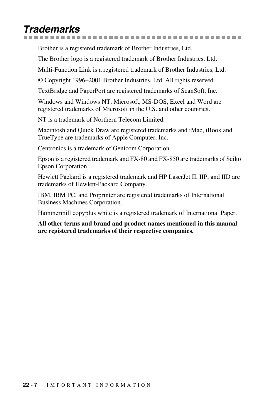 Trademarks, Trademarks -7 | Brother MFC-9800 User Manual | Page 214 / 232