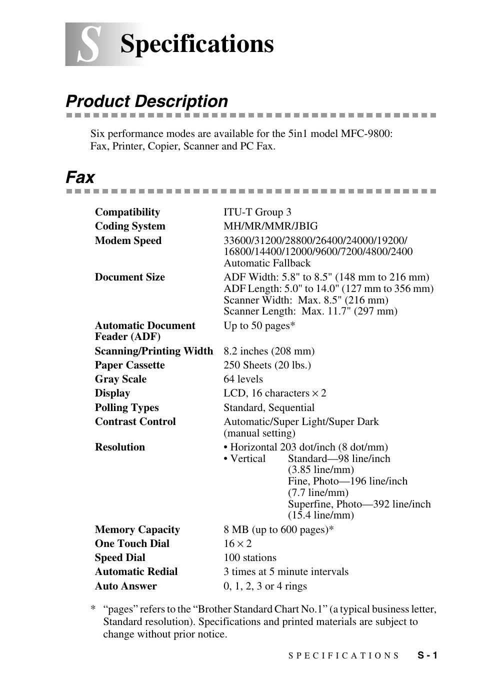 Specifications, Product description | Brother MFC-9800 User Manual | Page 219 / 232