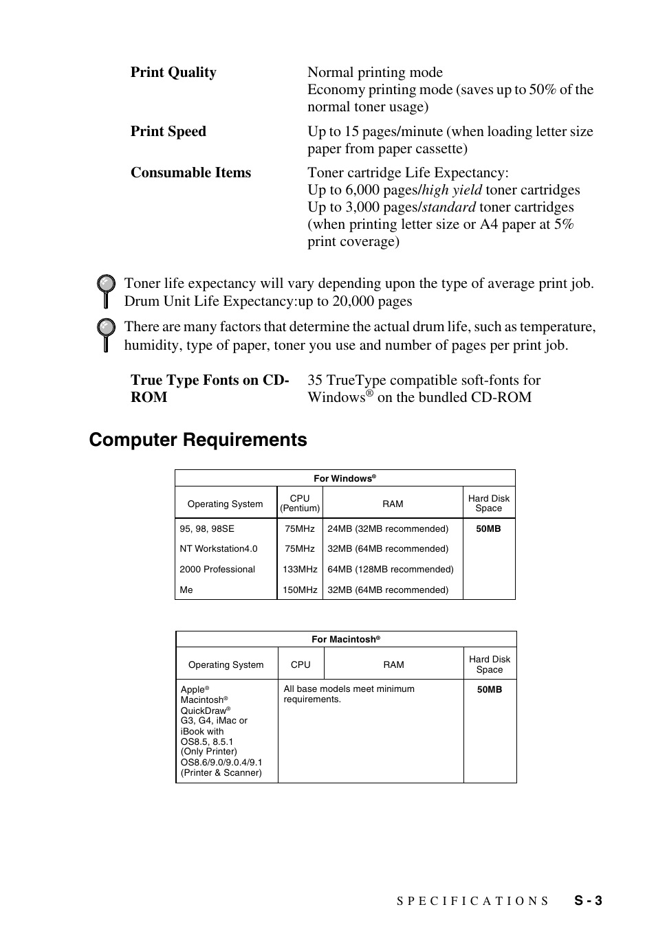 Computer requirements, On the bundled cd-rom, S - 3 | Brother MFC-9800 User Manual | Page 221 / 232